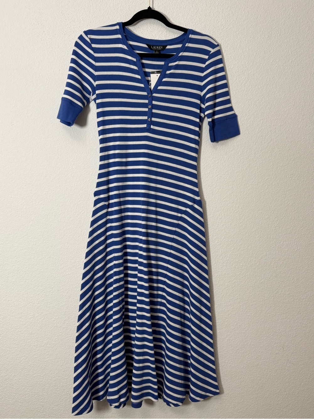 Lauren Ralph Lauren Blue White Stripe Henley Midi Dress Cotton Fit & Flare NWT M